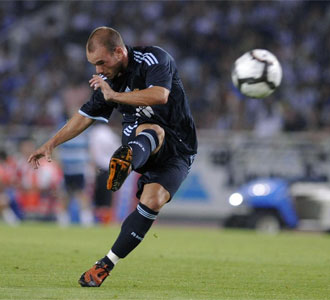 Sneijder marcó su último gol con el Madrid en Anoeta.