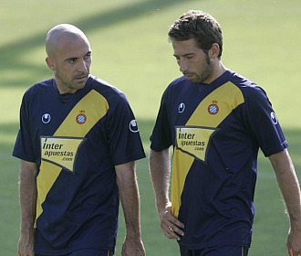 Tamudo y De la Pea durante un entrenamiento con el Espanyol