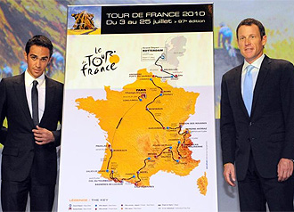 Armstrong y Contador, en la presentacin del Tour 2010