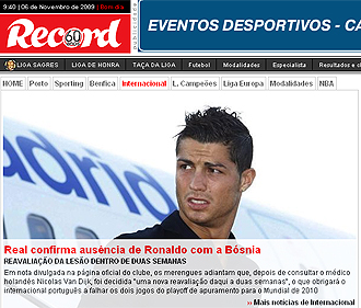 El diario deportivo Record no ve a Cristiano contra Bosnia