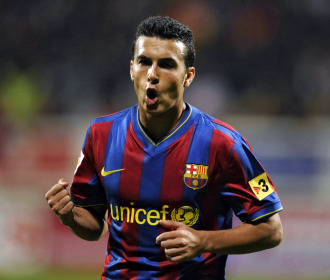 Pedro celebra un gol con el Barcelona.