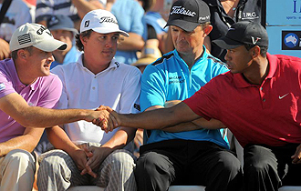 Francois Delamontagne, Jason Dufner, Greg Chalmers y Tiger Woods, durante el Masters de Australia.