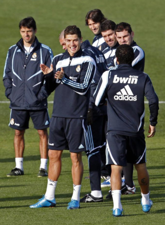 Varios jugadores del Madrid, en un entrenamiento.