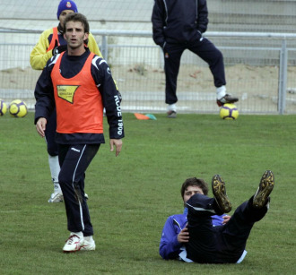 Iván Alonso y Pochettino, en un entrenamiento del Espanyol