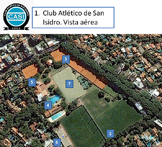 La vista area de las instalaciones del bonaerense Club Atltico de San Isidro (CASI) pone de manifiesto el carcter polideportivo, aunque con marcado sabor rugbstico, de los clubes en Argentina