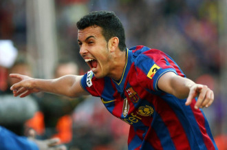 Pedro celebra un gol con el Bara