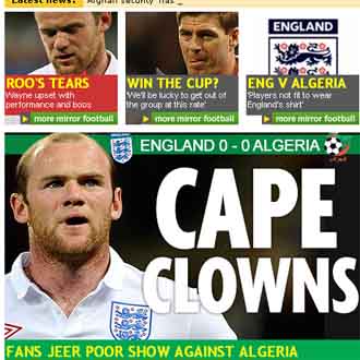 El Daily Mirror tacha de payasos a los jugadores ingleses con una imagen de Rooney, principal culpable del mal juego segn la prensa inglesa
