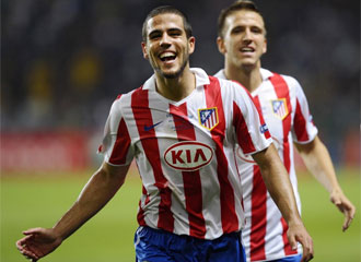 Domnguez celebra un gol con el Atltico de Madrid.