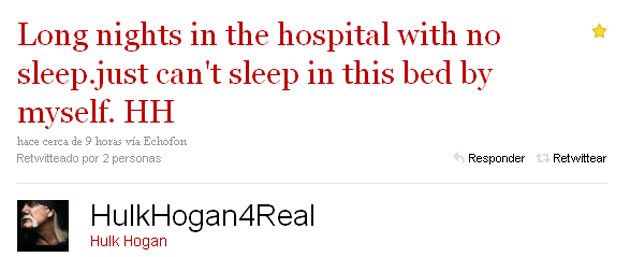 Ejemplo de mensaje de Hogan a sus seguidores en su cuenta de Twitter para explicar su estado de saludo. Por lo que se ve tiene serios problemas para dormir