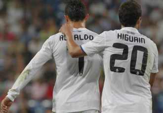 Cristiano e Higuaín celebran un gol al Espanyol