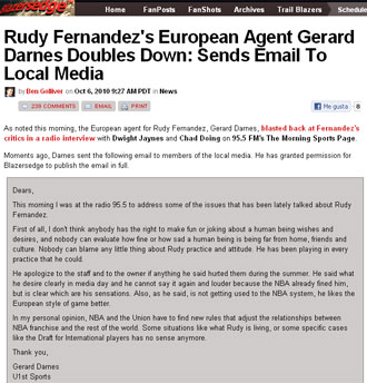 La carta del agente de Rudy publicada en la prensa de Portland
