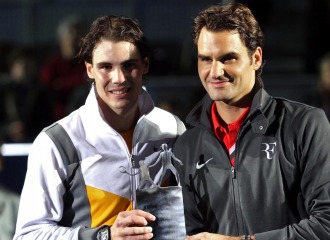 Nadal y Federer tras su exhibicin en la Caja Mgica.