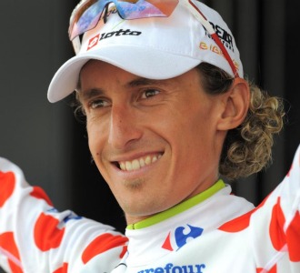 Pellizotti celebrando su maillot de la montaña en el Tour de Francia de 2009.