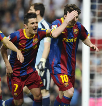 Messi y Villa celebran el gol del Bara en el ltimo Clsico.