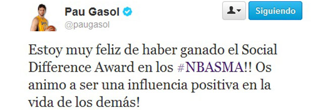 Pau Gasol, premiado por la NBA por su labor solidaria en las redes sociales en los 'Social Media Awards'
