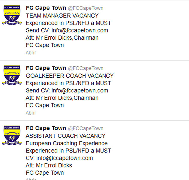 Un equipo sudafricano busca entrenador por Twitter