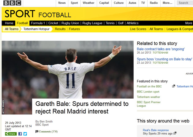 El Tottenham rechaza casi 100
millones por Bale segn la BBC