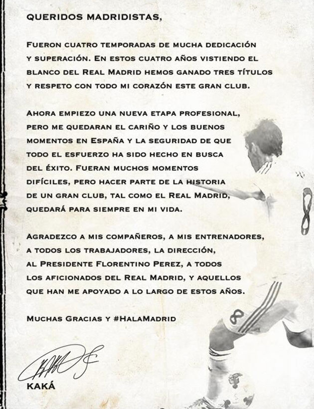 Kaká se despide de los madridistas mediante una carta
