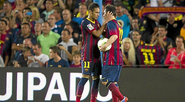 Neymar y Messi, durante el partido de la Supercopa de Espaa en el Camp Nou contra el Atltico / ALEX CAPARRS (MARCA)