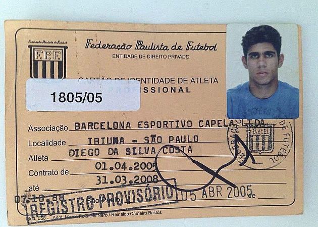 Ficha de Diego Costa cuando jugaba en el Barcelona Esportivo Capela