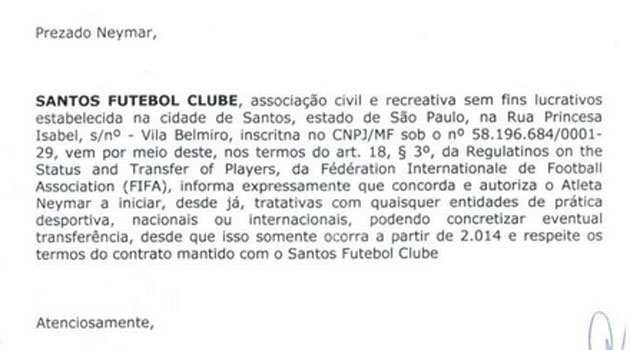 Neymar aporta el documento por el
que poda negociar a finales de 2011