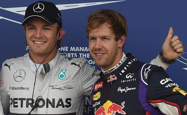 Rosberg y Vettel despus de la calificacin de Silverstone 2014 / REUTERS