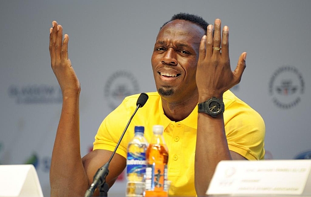 Usain Bolt durante la rueda de prensa que ofreci a su llegada a Glasgow