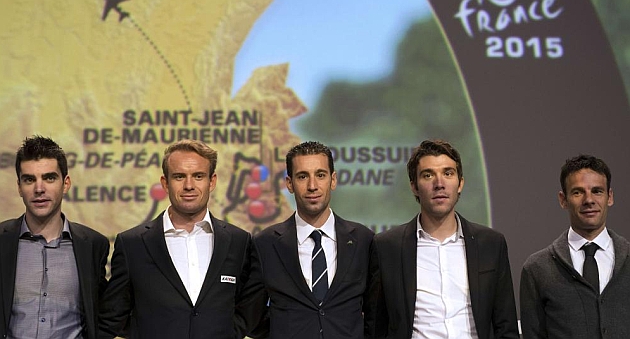 De izquierda a derecha: Gallopin, Kristoff, Nibali, Pinot y Praud. / Afp