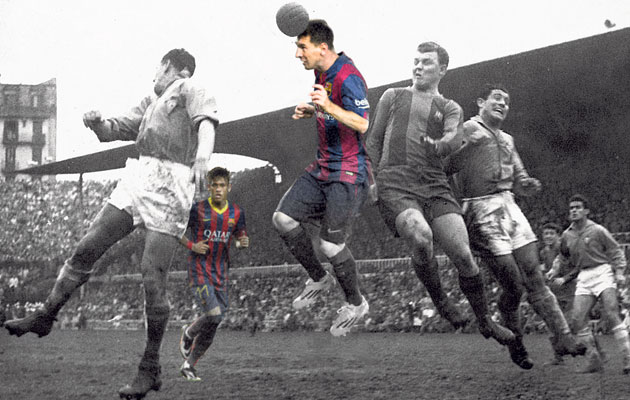 La imagen recrea un Bara-Celta de los aos 50 en Les Corts, con Kubala, Messi y Neymar | MARCA