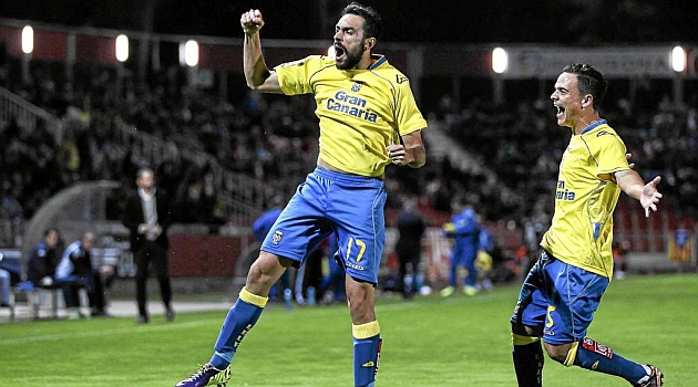 Guzmn Casaseca celebra uno de los tres goles marcados con la UD / Eddy Kelele (Marca)