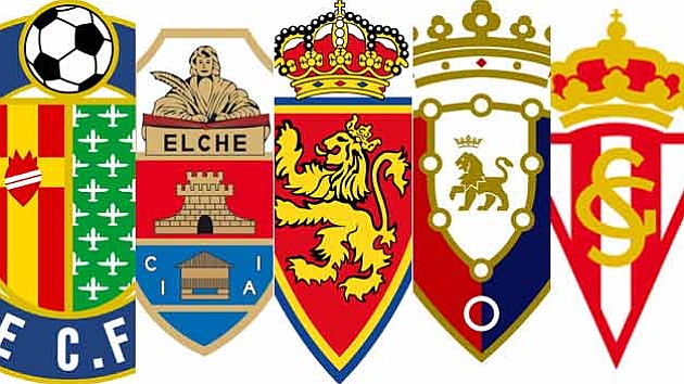 Escudos del Getafe, Elche, Zaragoza, Osasuna y Sporting.