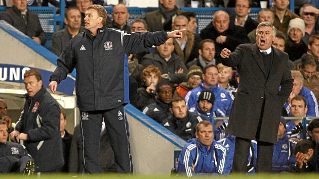 David Moyes (Everton) y Carlo Ancelotti (Chelsea) en la Premier League.