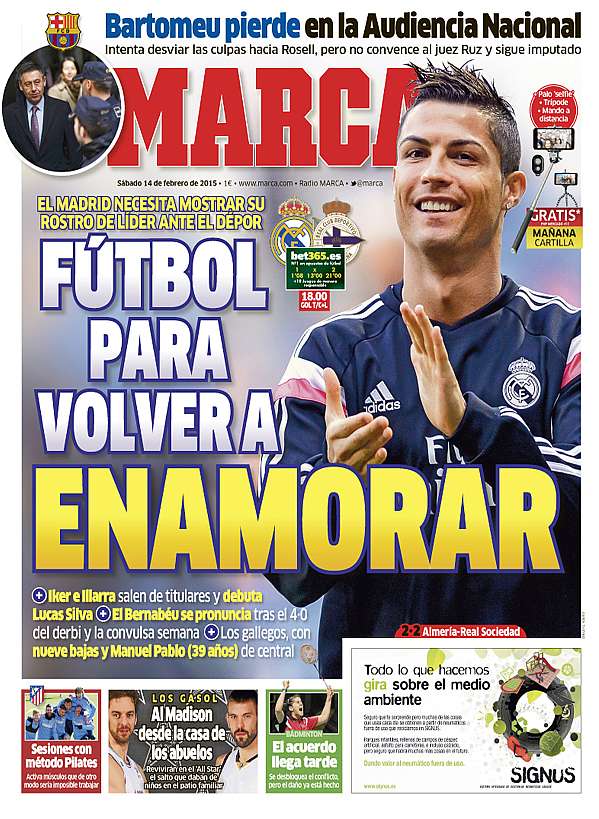 Portadas de los periódicos deportivos de España y Europa hoy Sábado, 14 de  febrero de 2015 