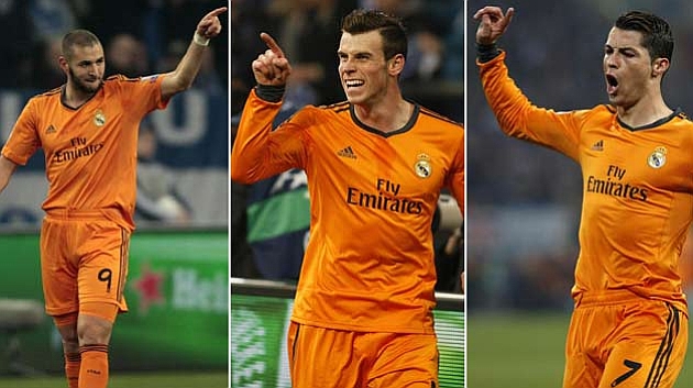 Benzema, Bale y Cristiano en el partido ante el Scjalke. Foto: RTRPIX
