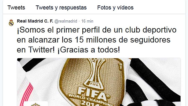 El Madrid alcanza los 15 millones de seguidores en Twitter