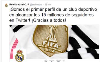 El Madrid alcanza los 15 millones de seguidores en Twitter