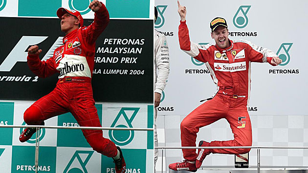 Schumacher celebra su victoria en Sepang en 2004 y Vettel hace lo propio en 2015 / RV RACING PRESS