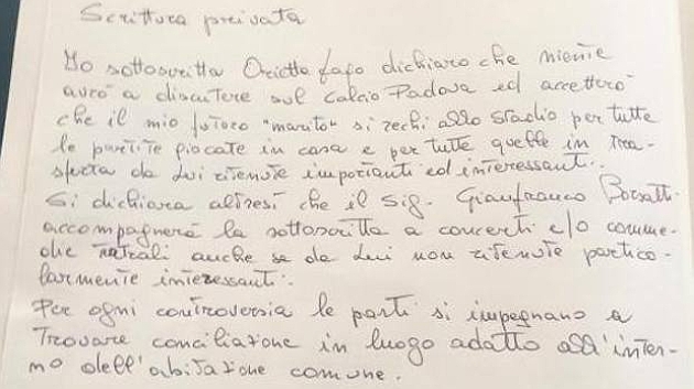 Imagen del documento que firmaron Gianfranco y Orietta en 1997.
