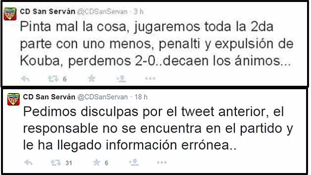 Tweets de la cuenta oficial del CD San Servn.