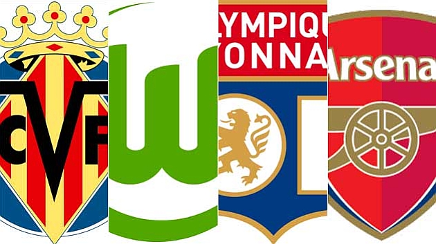 Escudos de Villarreal, Wolfsburgo, Lyon y Arsenal.