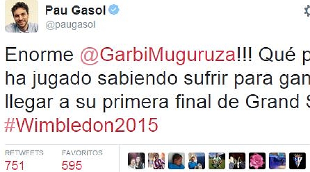 Pau Gasol felicita a Muguruza a travs de su cuenta de Twitter