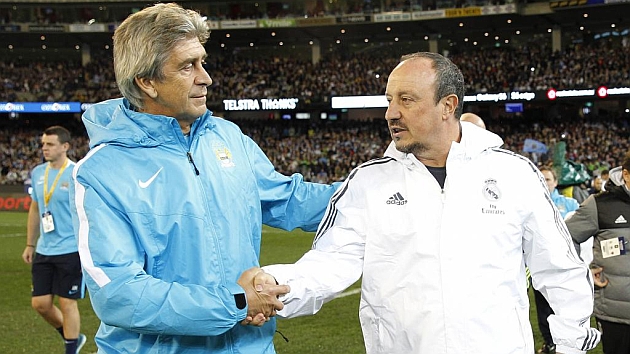 Pellegrini y Bentez en el partido amistoso entre el Real Madrid y el City.