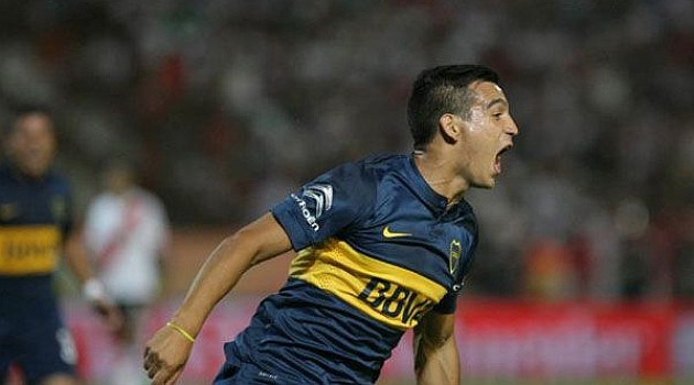 El joven Franco Cristaldo celebra un gol con Boca Juniors