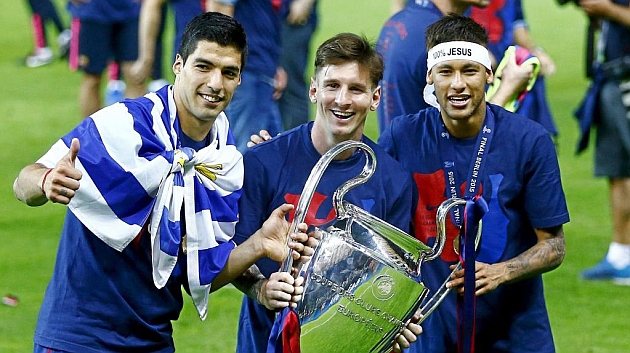 Messi, Neymar y Surez celebran el triunfo en la Champions. Foto: Kai Pfaffenbach (RTRPIX).