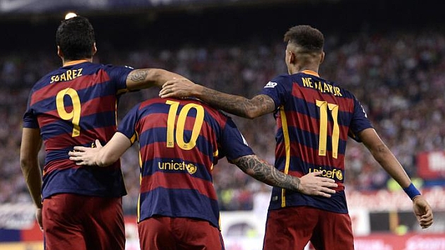 Luis Suárez, Messi y Neymar celebran un gol anotado en el Vicente Calderón