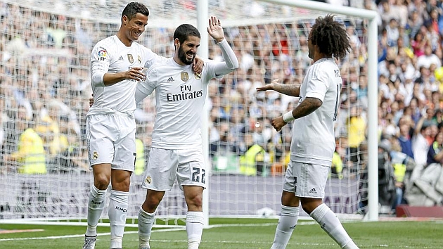 Cristiano, Marcelo e Isco celebran el gol ante Las Palmas