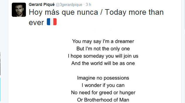 Piqu muestra sus condolencias recordando el 'Imagine' de Lennon