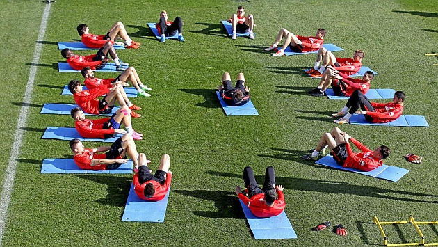Los jugadores del Atltico de Madrid, durante un entrenamiento de esta semana