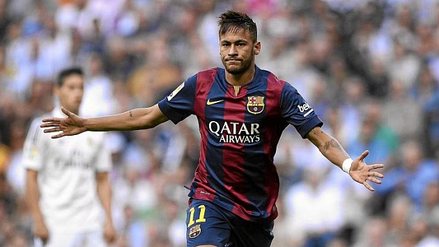 Neymar celebra el primer gol del Clsico de la temporada pasada en el Bernabu