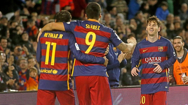 Nemyar, Surez y Messi celebran un gol en el partido de Liga ante la Real Sociedad.